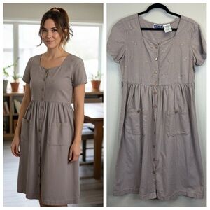Vintage 90s Cottagecore Modest Linen Cotton Embroidered Dress Gray/Beige Boho M